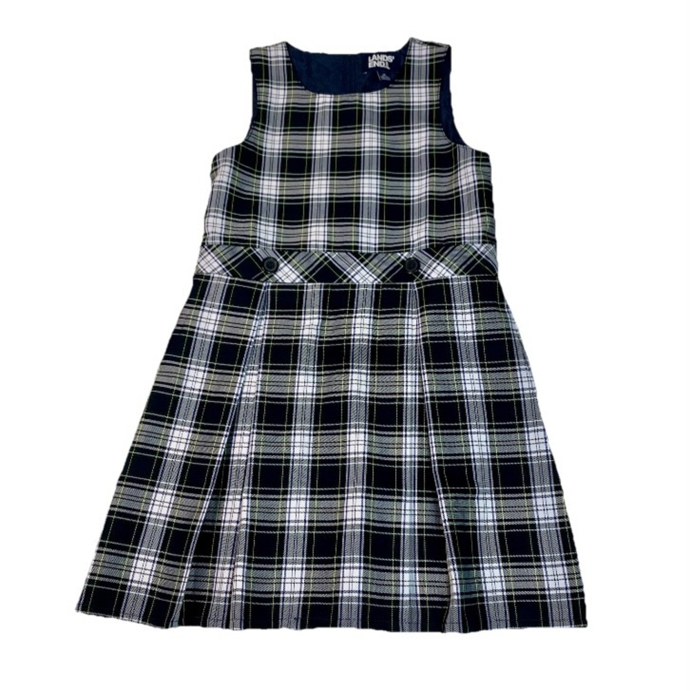 Lands End Youth Girls 12 School Uniform Plaid Jumper Dress Skirt Blue Green‎